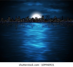 Night view of city on the coast with rising moon. Eps 10