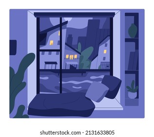 Night View To City Street From Home Window. Windowsill And Late Hour Cityscape Outdoors. Dusk, Nighttime Landscape From Indoors. Cosy Apartment With Cushions On Sill. Colored Flat Vector Illustration