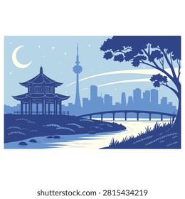 Night view of cityscape featuring Japanese pagoda, tall tower, and bridge over river. Moon and stars in sky.