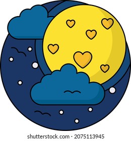Night View Concept, Moon Sky and Birds Vector Icon Design, Nature Love Symbol, Artistic landforms Scenes Sign, Heart in nature Stock illustration, Beautiful Landscape View in Circular Shape
