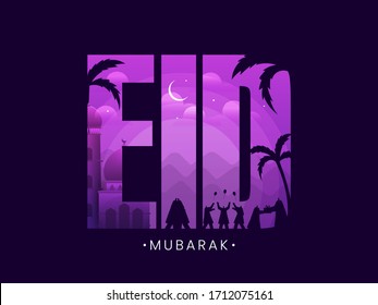 Night view with crescent moon and Muslim People silhouette inside Eid Text, Islamic festival Eid Mubarak concept on purple background.