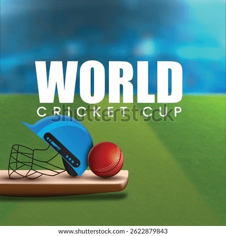 Night view of Cricket bat, helmet and ball on ground and stadium in background