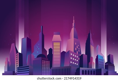night view of cyber city with futuristic buildings and sparkling techno night lights