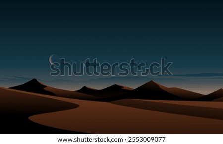 Night view in desert with crescent moon