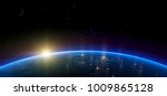 Night view of Earth from the satellite to the glowing lights of cities on the sunrise from the east. Outer space. Realistic vector illustration.