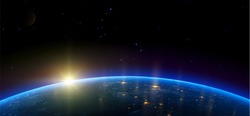 Vedere De Noapte A Pământului De La Satelit La Luminile Strălucitoare Ale Orașelor Pe Răsăritul Soarelui Dinspre Est. Spațiul Cosmic. Ilustrare Vectorială Realistă.