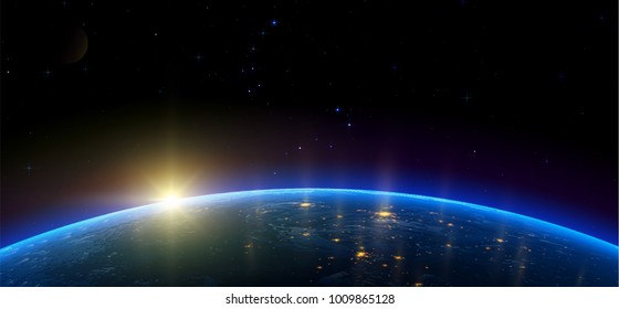 Ночной вид Земли со спутника до светящихся огней городов на восходе солнца с востока. Космическое пространство. Реалистичная векторная иллюстрация.