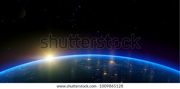 衛星から東からの日の出の光に輝く街の光に 地球の夜景が映し出されます 外側のスペース リアルなベクターイラスト のベクター画像素材 ロイヤリティフリー
