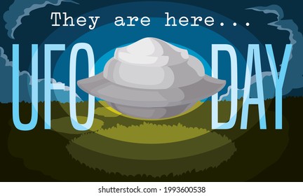 
Night view of field with spaceship landing on it, promoting UFO Day and reminder: "they are here".