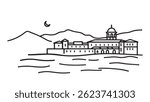 Night view of Lake Como, Italy, showcasing shimmering water and illuminated buildings along the shoreline line art flat vector illustration.