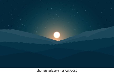 Night view landscpae. Star and moon on sky in mountain. Vector illustration.