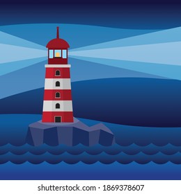 Night view of Lighthouse on rock stones island landscape - vector illustration