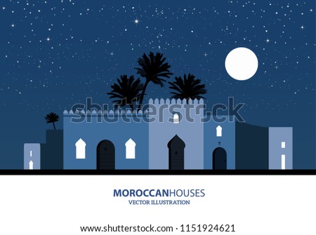 Night view of mediterranean, arabic or moroccan style houses, palm trees and the moon over starry background