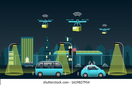 Night view of a modern city with 5G connected public transports. Drones and autonomous vehicles. Smart traffic lights. Vector Illustration.