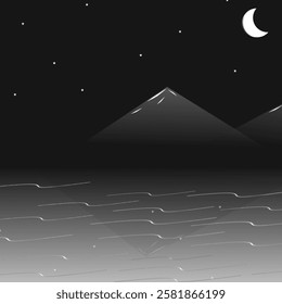 Night View of Mountains with Crescent Moon and Stars.