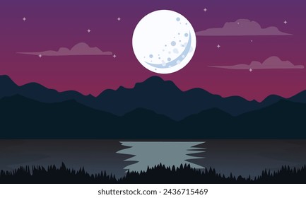 Night view with mountains, lake, moon and stars