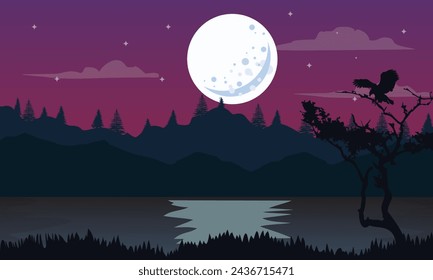 Night view with mountains, lake, moon and stars