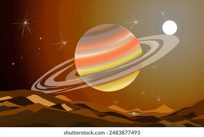 night view of mountains with the planet Saturn in the background with sunlight from a distance