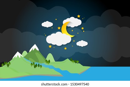 The night view of the mountains at night, the stars full of sky and the big yellow moon