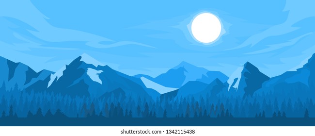 Night view of the mountains. Trees below. Panorama of the mountain range