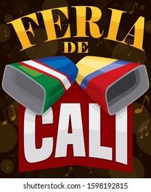 Night view with musical notes and bokeh effect in the background, cowbells decorated with Cali and Colombia flag colors, golden sign and ribbon ready to celebrate Feria de Cali (written in Spanish).