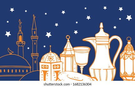 Vista nocturna del casco antiguo de la ciudad árabe. Mezquitas y minaretes. Tradicional comida de Ramadán en primer plano
