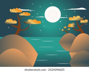 Vista nocturna en la playa con una hermosa luna llena