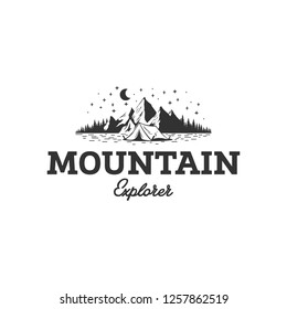 
night view on the mountain, Badge Mountain adventure logo design inspiration vector, Mountain illustration, outdoor adventure . Vector graphic print for t shirt and other uses. 