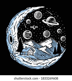 Night view on mountain and moon illustration