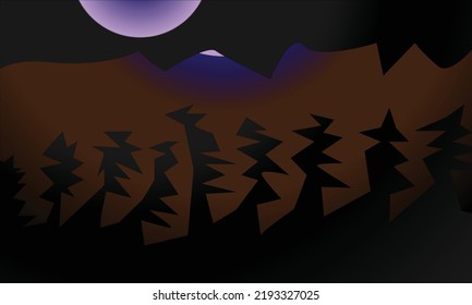 vista nocturna sobre la montaña con denso bosque y luz de la luna