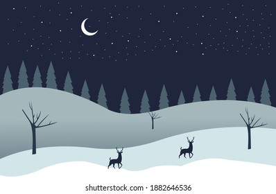 night view over snow with many stars and deer