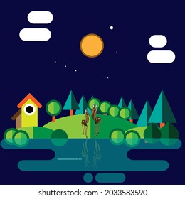 Night View Panorama with The Full Moon and Two Deers in Vector