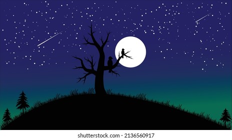 Night View Poster, Original Wall Art, Moonlight with Sparrow, Vector Design.