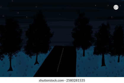 Night view of a road with a side trees , sky full of stars and a full moon 