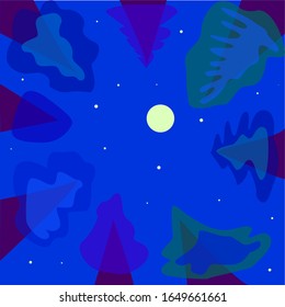 A night view of the sky, trees, moon and stars from below