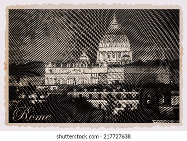 Night view at St. Peter's cathedral in Rome, Italy. Vintage travel postcard.