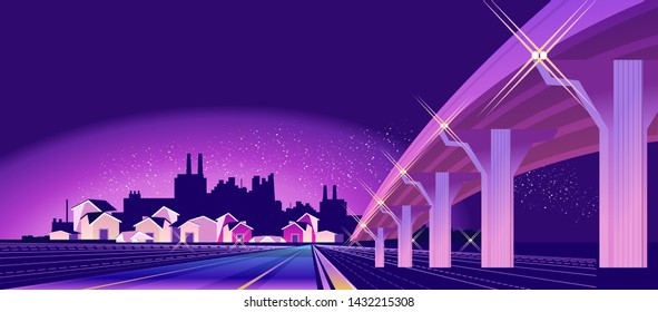 Vista nocturna del suburbio, paso elevado que va a la ciudad, iluminado por luces de neón, paisaje futurista, para viajes nocturnos