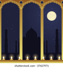Night view of Taj Mahal by candlelight.