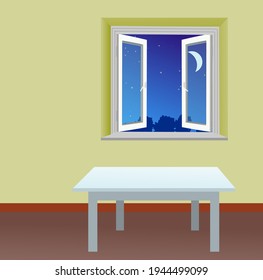 Night view through the window of the room. Vector illustration.