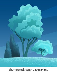 Night view at trees and bush at hill, dark blue view at night scenery with clear sky, summer field with silhouettes of bush and plants, nobody, ecological, non-urban, scene of countryside, wild