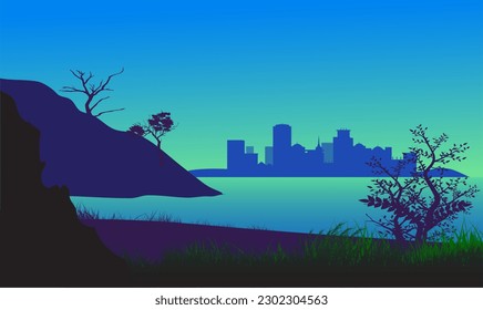 Night view vector illustration, black silhouette.