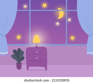 Night view from window with moon and stars in evening or night sky vector illustration. Cartoon living room or bedroom interior with cute comfort furniture, houseplant, curtains and light of lamp