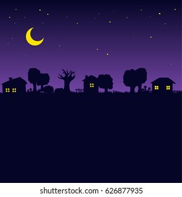 Night Village. Evening Landscape - Houses And Forest