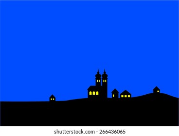 Night village - vector silhouette