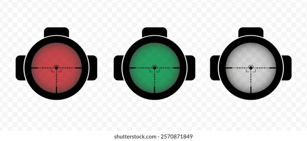 Night vision scope. Target and aim icon. Aim gun big set. Red Crosshair. Shooting of firearms. Precisely target. Successfully target.	
