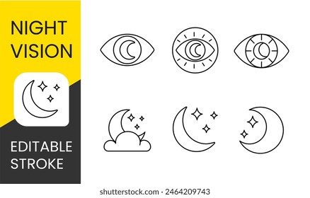 Conjunto de iconos de línea de Vector de visión nocturna con trazo editable para su colocación en el embalaje del sistema de cámara cctv