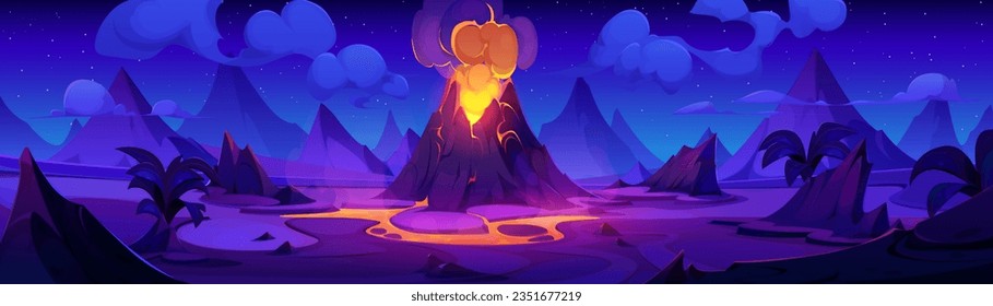 Night volcano eruption cartoon illustration with lava fire. Volcanic mountain explosion with magma on earth background design. Active vulcano exploding with gases, flame and smoke nature landscape.