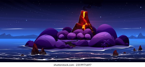 Night volcano island in ocean cartoon vector background. Magma eruption glow on exotic tropical isle beach near palm tree. Beautiful volcanic lava steam in forest game design. Rock in sea water