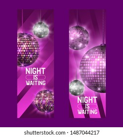 Night is waiting set of banners vector illustration. Life begins at night. Entertainment and event, disco show. Shining disco ball. Club party light element. Bright mirror ball for dancing.