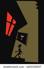 Night walk, night club, mysterious man, thief, dangerous house and man with hat, detective and house with red window